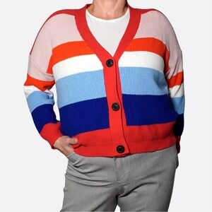 Angela Mele Milano Striped Cardigan‎ Sweater 2X 18 20 Wool Italian Winter